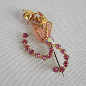 Vintage Gold Tone Pink Rhinestone Flower Brooch